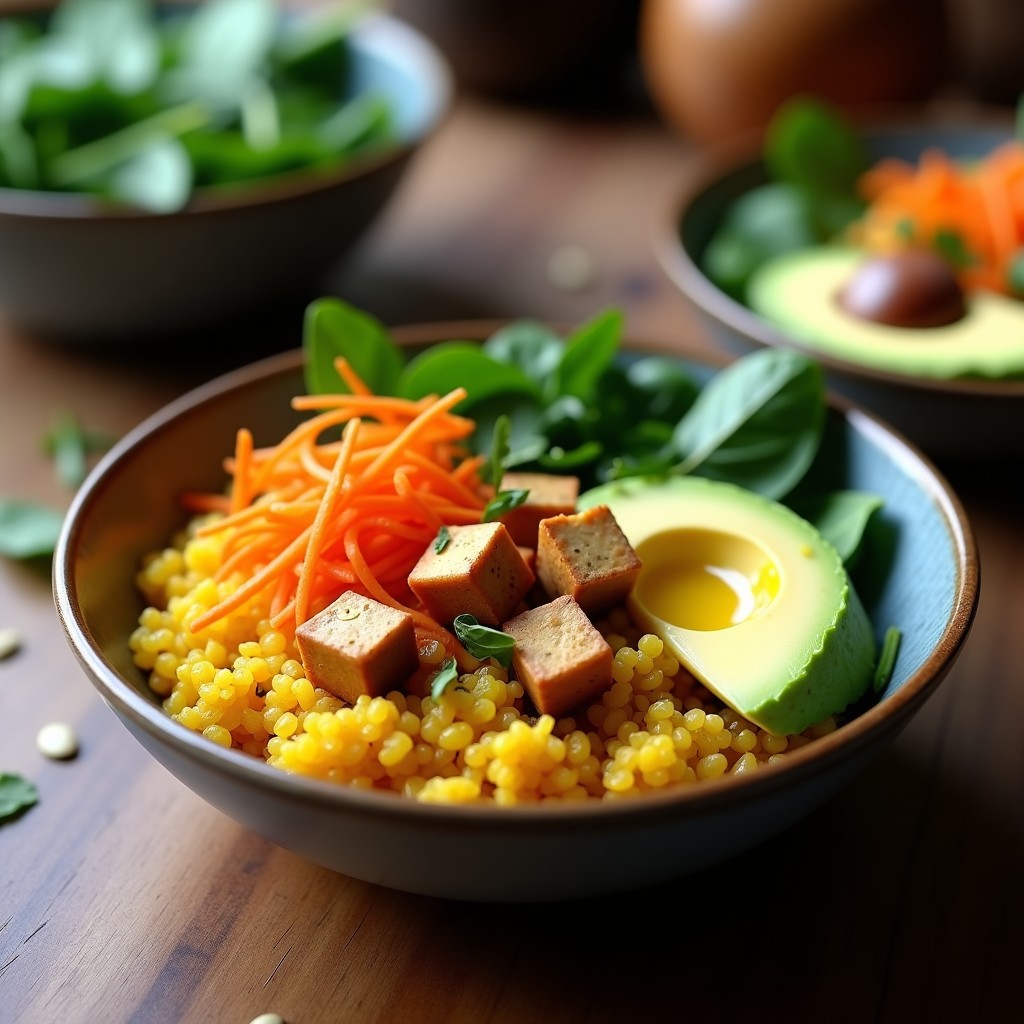 Bowl colorido con base de quinoa amarilla por la cúrcuma, cubos dorados de tofu ahumado, espinacas frescas, zanahoria rallada naranja y láminas de aguacate verde. Decorado con semillas de girasol y aliñado con aceite de oliva.