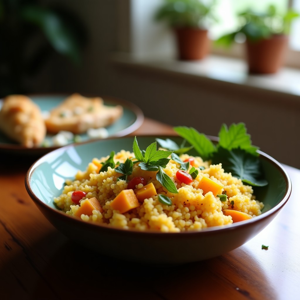 Bowl de quinoa blanca esponjosa coronado con curry de coco cremoso, cebolla morada, pimiento rojo, calabacín y garbanzos. Decorado con cilantro fresco y rodajas de limón, servido en un bol de cerámica negra sobre fondo rústico.