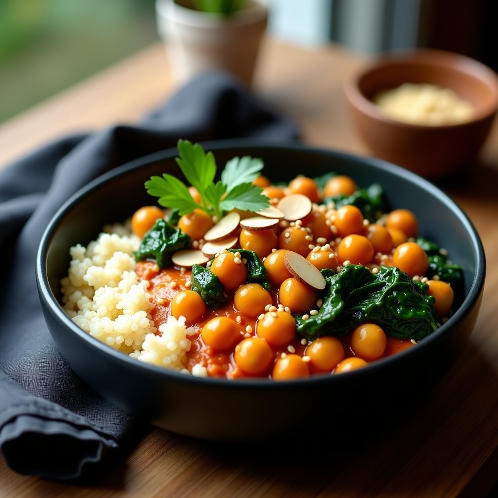 Bowl hondo de cerámica negra con quinoa esponjosa, garbanzos dorados y espinacas verdes bañados en salsa de curry rojo cremosa. Decorado con semillas de sésamo, almendras fileteadas y cilantro fresco. Receta vegana de bowl de quinoa y curry en olla rápida.