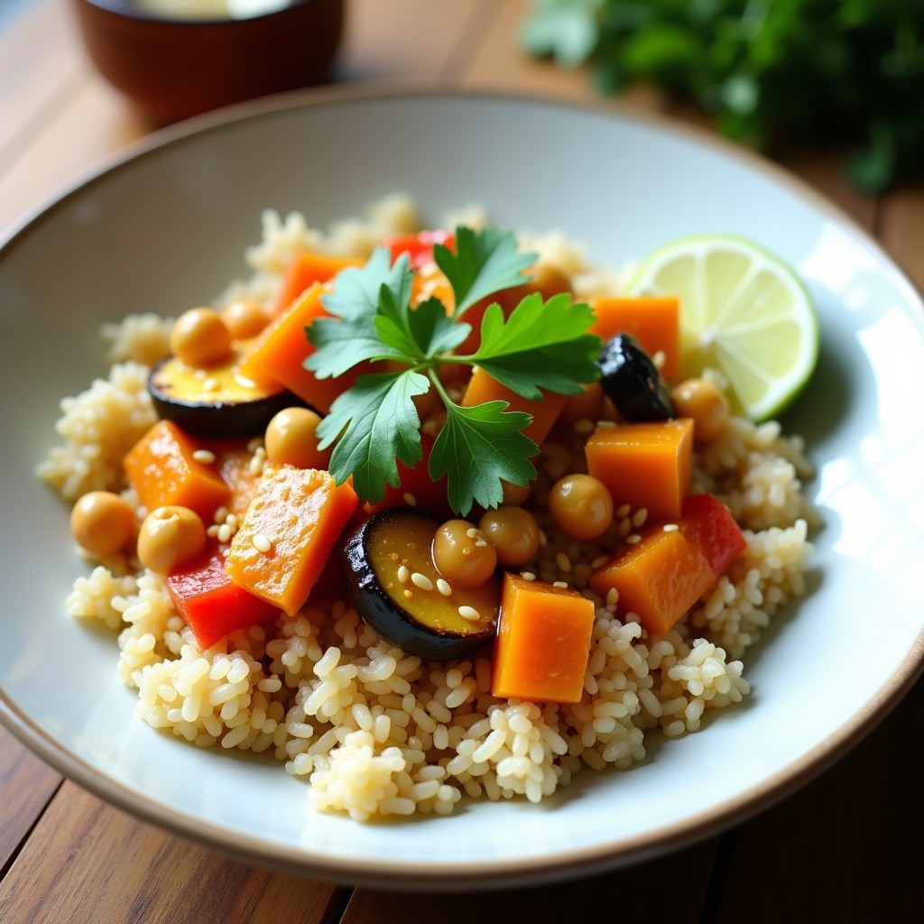 Bowl colorido con base de quinoa blanca, curry cremoso de verduras ahumadas (berenjena, calabacín y pimiento rojo) y garbanzos, decorado con cilantro fresco, semillas de sésamo y un chorrito de limón. Receta vegana alta en proteína.