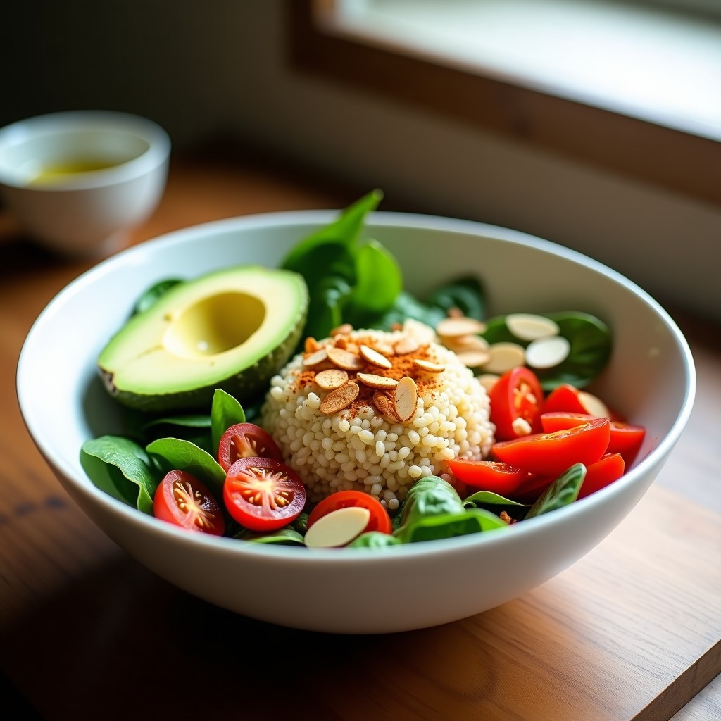Bowl colorido con quinoa esponjosa, espinacas frescas, aguacate en cubos, tomates cherry, pimientos rojos y almendras fileteadas, preparado en airfryer sin aceite.