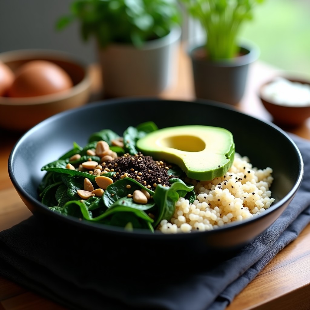 Bowl colorido con quinoa, espinacas salteadas, hongo reishi y aguacate, decorado con semillas de sésamo y algas nori, servido en plato de cerámica negra.