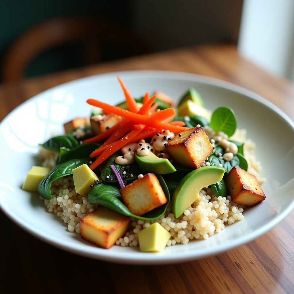 Bowl colorido con base de quinoa blanca, tofu dorado en cubos, espinacas frescas, aguacate en trozos, cebolla morada y pimiento rojo salteados, decorado con semillas de sésamo negro y algas nori. Salsa cremosa de miso y tahini vertida por encima, receta vegana con umami.