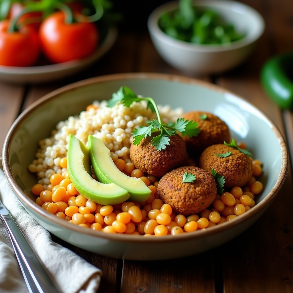 Bowl vegano de quinoa esponjosa con falafel dorado y crujiente, espinacas frescas, zanahoria rallada y cebolla morada, bañado en salsa cremosa de tahini y limón, decorado con semillas de sésamo tostadas.