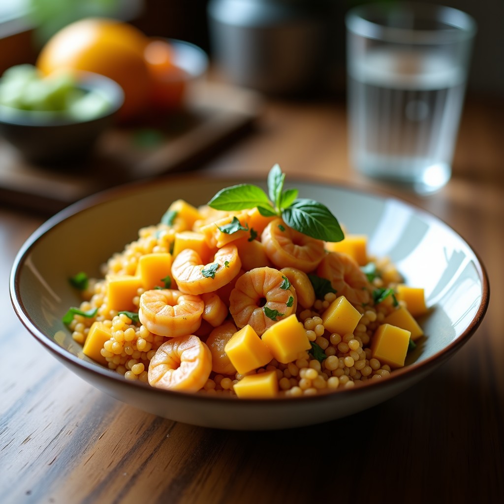 Bowl de quinoa blanca con gambas Garnelen doradas al horno, pimiento rojo asado, cebolla morada, apio y brotes de alfalfa, bañado en salsa de mango cremosa con toques de cilantro fresco. Receta alemana fusion alta en proteína.