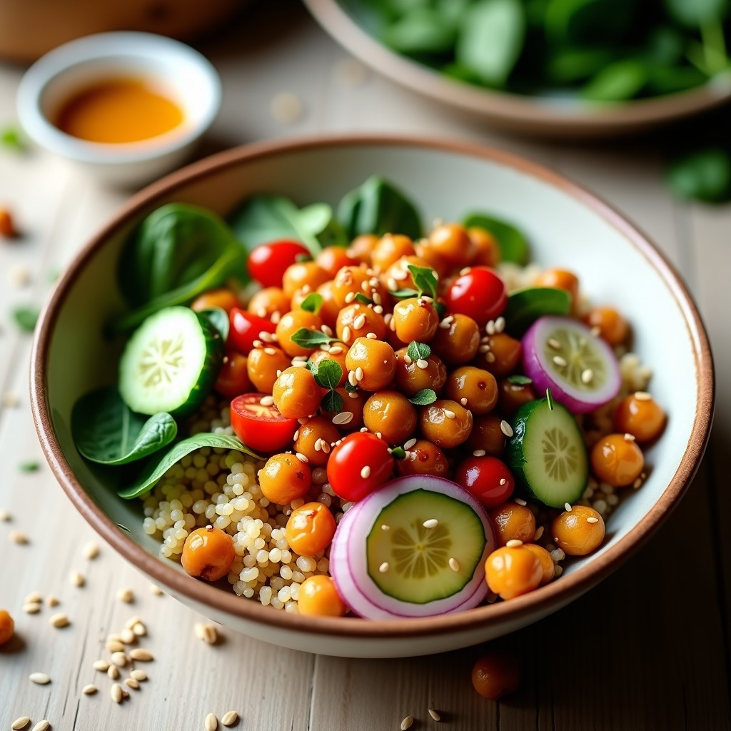 Bowl colorido con quinoa blanca como base, garbanzos dorados y crujientes, espinacas frescas, tomates cherry rojos, pepino en cubos, cebolla morada en juliana y salsa cremosa de limón y ajo negro espolvoreada con semillas de sésamo. Plato vegano, alto en proteína y sin gluten, preparado en airfryer.