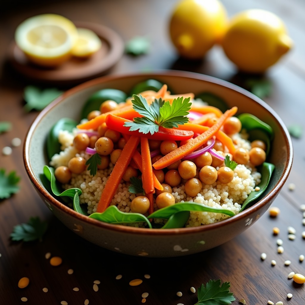 Bowl colorido con base de quinoa blanca y espinacas frescas, garbanzos dorados y crujientes, zanahoria en juliana, pimiento rojo y cebolla morada. Aderezo de limón brillante y decoración de semillas de sésamo y cilantro fresco. Receta peruana vegana y proteica en plato hondo de cerámica.
