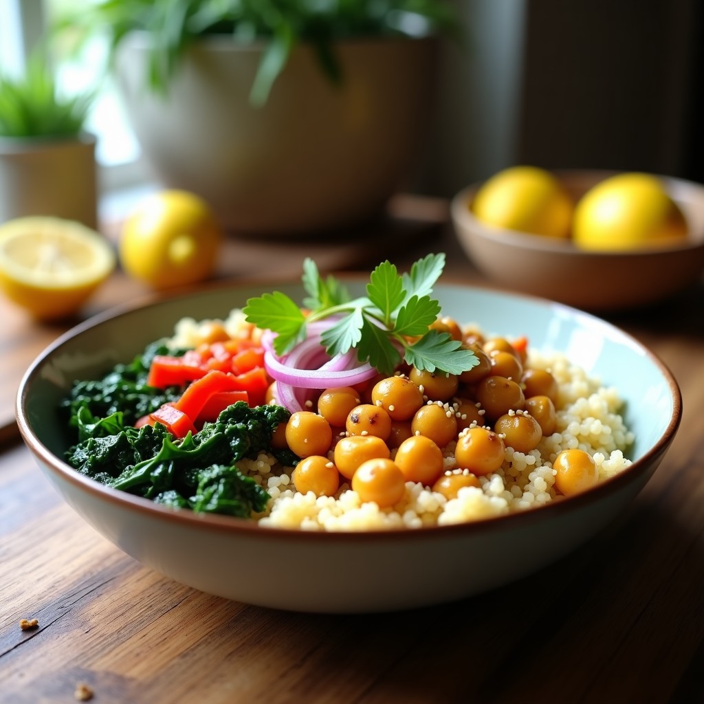 Bowl colorido con quinoa blanca, garbanzos dorados con cúrcuma, espinacas salteadas, pimiento rojo, cebolla morada, sésamo tostado y cilantro fresco, servido en un plato hondo de cerámica.
