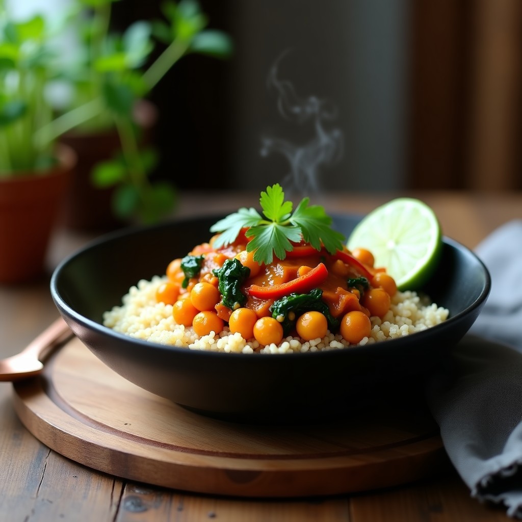 Bowl de cerámica negra con quinoa esponjosa, garbanzos dorados en salsa de curry rojo cremosa, espinacas verdes y cilantro fresco. Plato vegano alto en proteína con toques de pimiento rojo y limón.