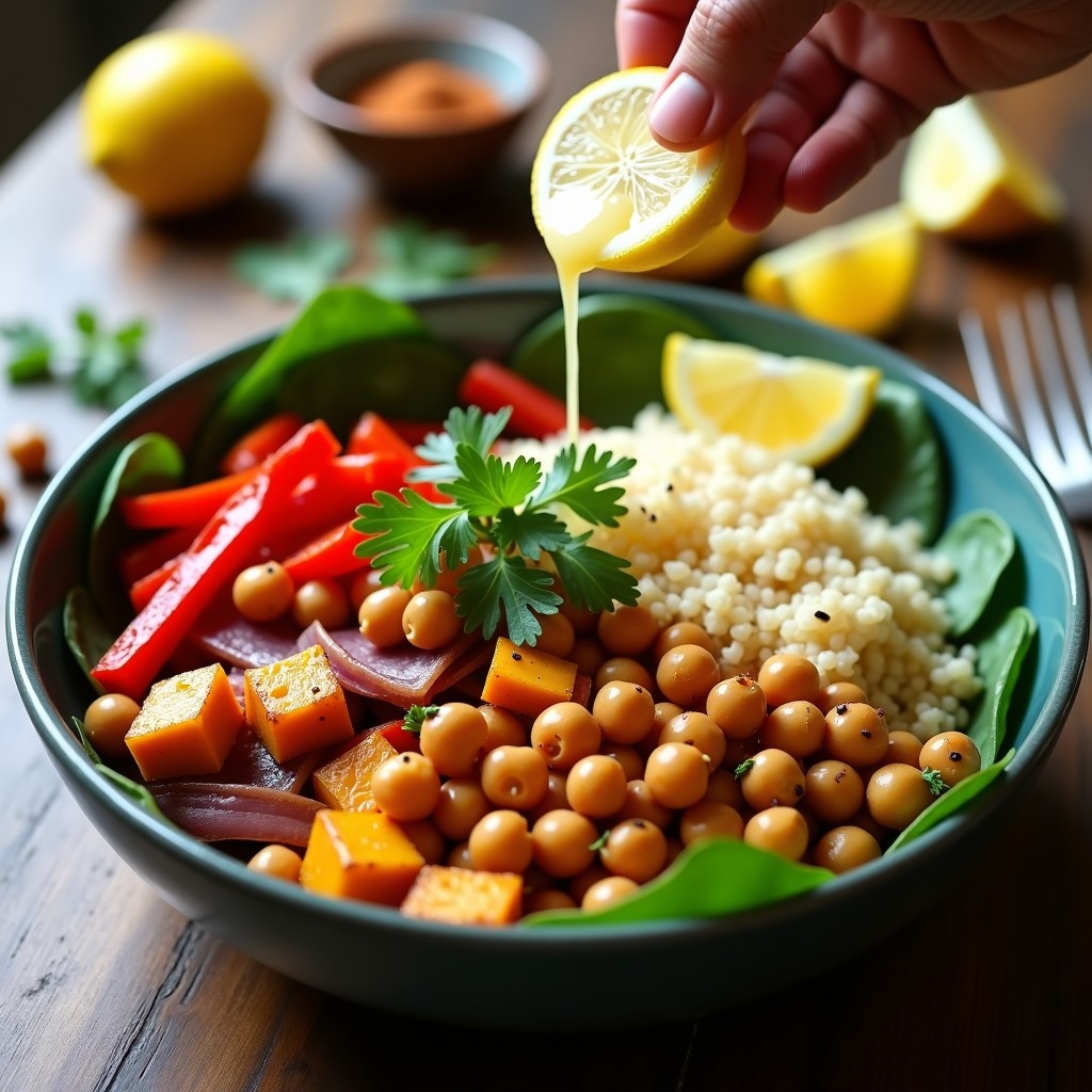 Bowl colorido con quinoa esponjosa, garbanzos dorados, calabaza y pimiento asado, espinacas frescas, semillas de sésamo y hierbas. Receta de bowl marroquí con especias.