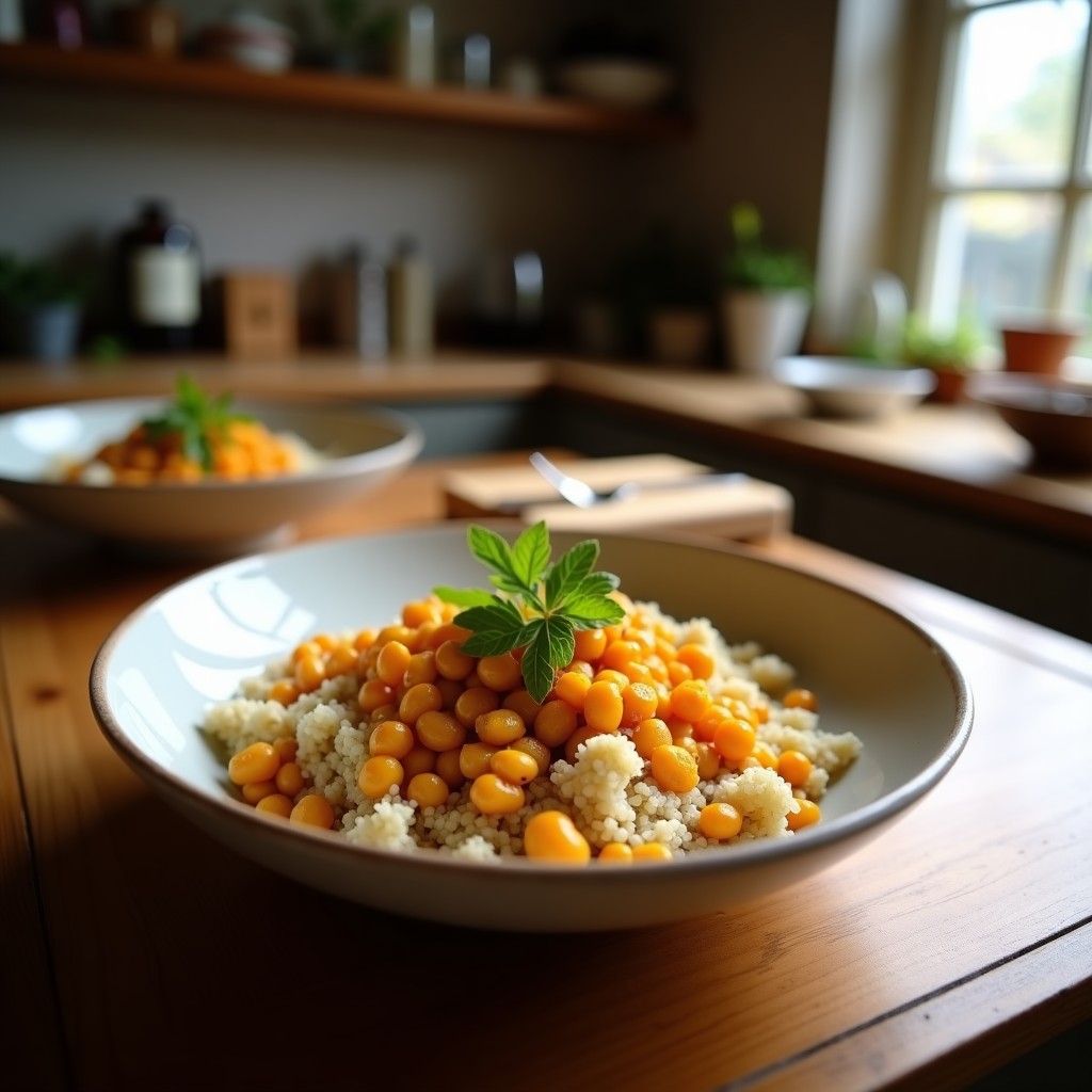 Bowl colorido con quinoa esponjosa, garbanzos dorados y crujientes, espinacas frescas, zanahoria rallada, pepino en cubos y cebolla morada, bañado en una salsa cremosa de granadilla amarilla. Decorado con semillas de sésamo y hojas de cilantro, servido en un plato hondo blanco sobre fondo rústico.