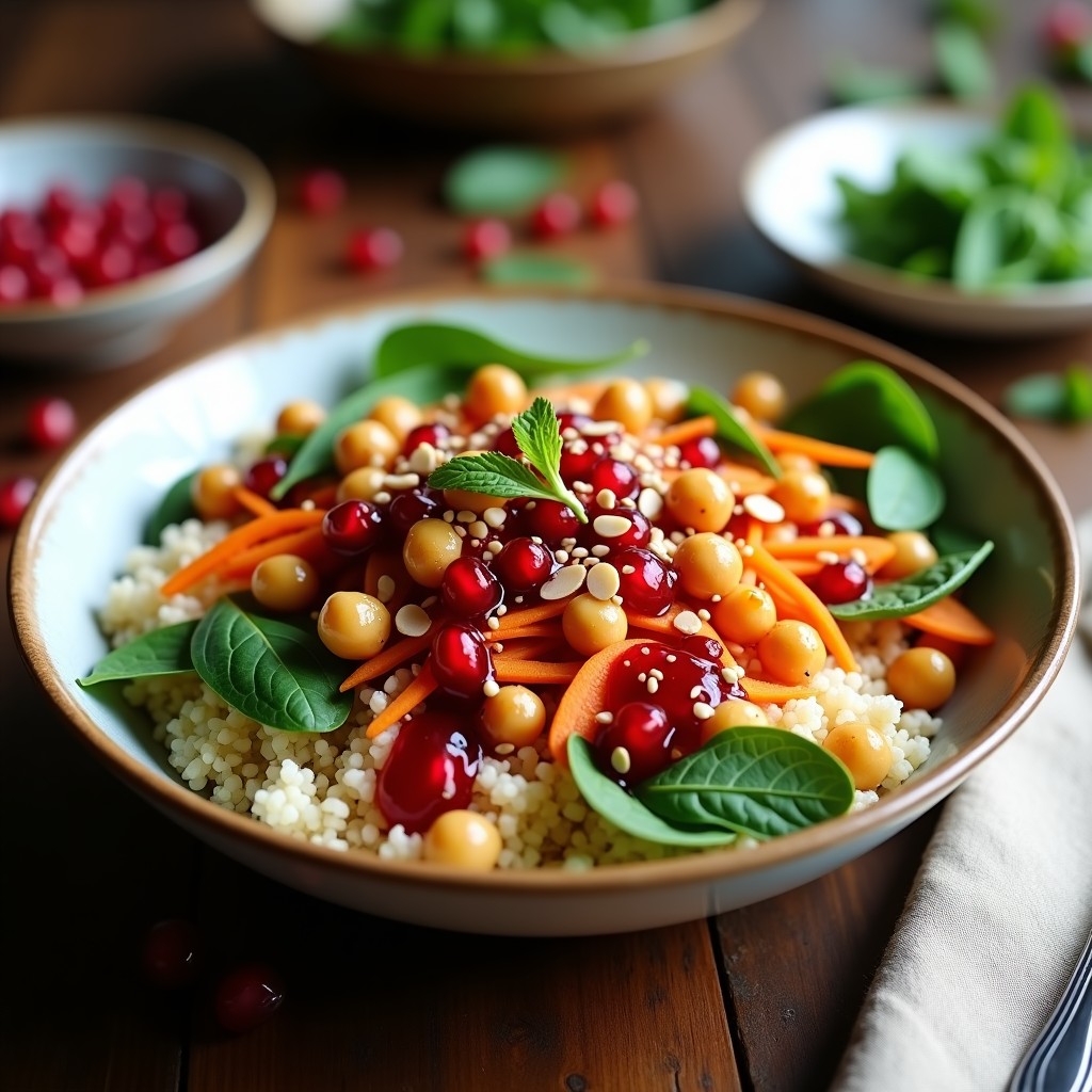 Bowl colorido y apetitoso con quinoa blanca esponjosa, garbanzos dorados y crujientes, espinacas frescas, zanahoria rallada naranja, semillas de granado rojas y almendras fileteadas. Todo regado con un aderezo vibrante de granado y menta, decorado con semillas de sésamo. Receta vegana y crunchy lista para servir.