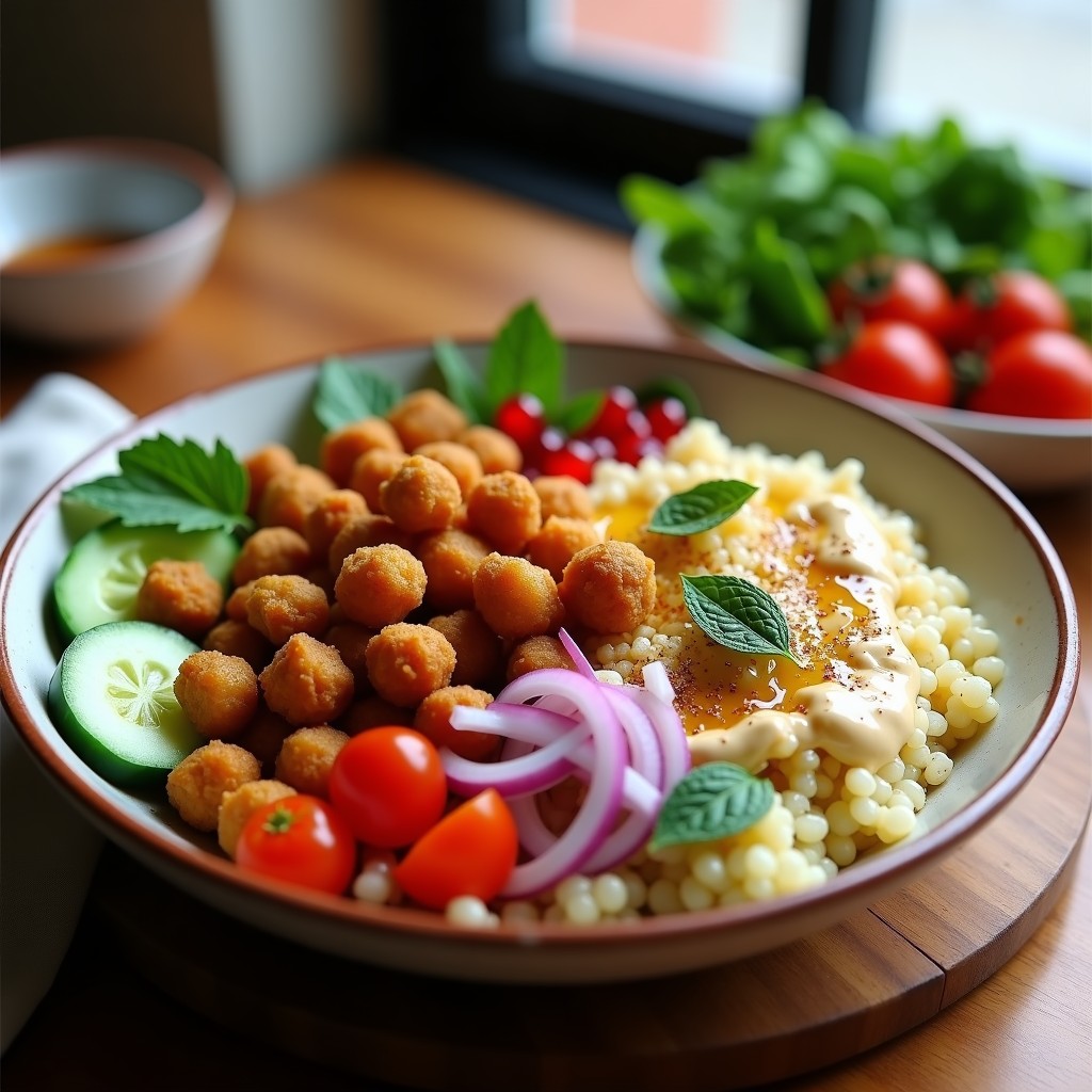 Bowl de cerámica blanca con quinoa esponjosa, garbanzos dorados y crujientes, espinacas frescas, tomate cherry, pepino y cebolla morada. Aderezo cremoso de tahini con limón confitado y hierbabuena fresca espolvoreada. Toque libanés con zaatar y sumac visible.