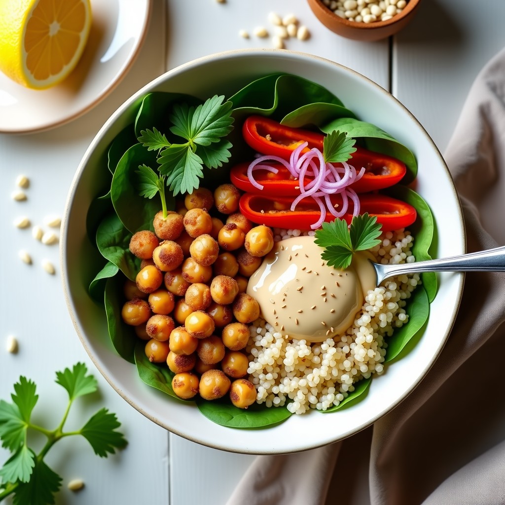 Bowl de cerámica blanca con base de espinacas baby, quinoa esponjosa, garbanzos dorados y crujientes, pimiento rojo asado en tiras, cebolla morada en juliana, salsa cremosa de tahini de ajo negro y semillas de sésamo tostadas. Plato de desayuno árabe keto y sin gluten, colorido y apetecible.