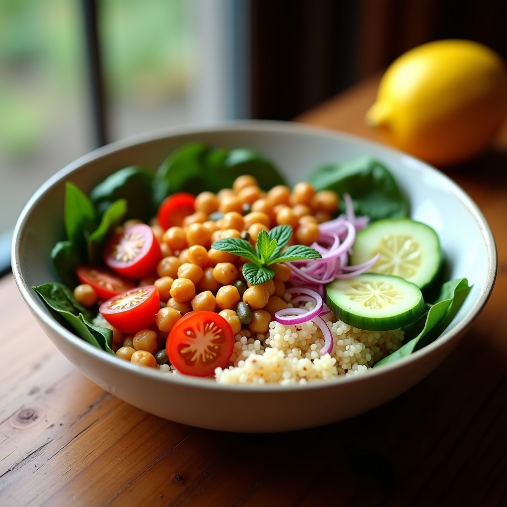 Bowl colorido con quinoa esponjosa, garbanzos dorados y crujientes, espinacas frescas, tomate cherry rojo, pepino verde y cebolla morada en juliana. Bañado con aderezo cremoso de tahini y decorado con semillas de girasol y hojas de menta. Plato saludable, proteico y vegano, ideal para desayuno.