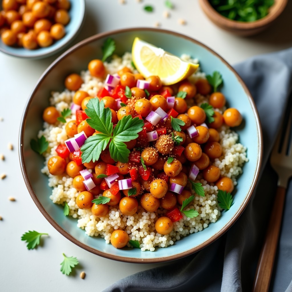 Bowl colorido con quinoa esponjosa, garbanzos dorados y crujientes, pimiento rojo y cebolla morada, espolvoreado con zaatar y perejil fresco, receta vegana alta en proteína.