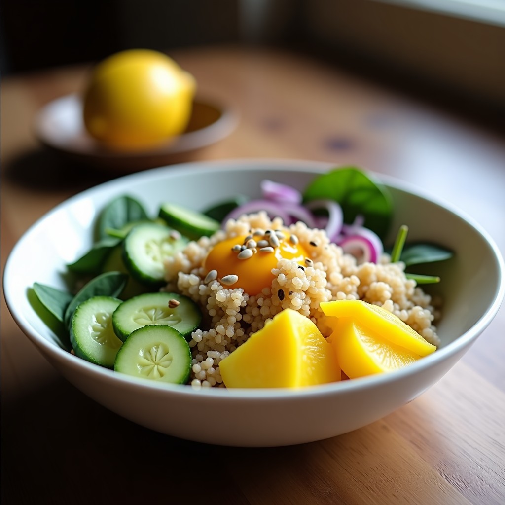 Bowl colorido con quinoa blanca, pulpa amarilla de granadilla, espinacas frescas, pepino y cebolla morada, bañado en aderezo de limón, decorado con semillas de chía y almendras fileteadas sobre un fondo rústico de madera.