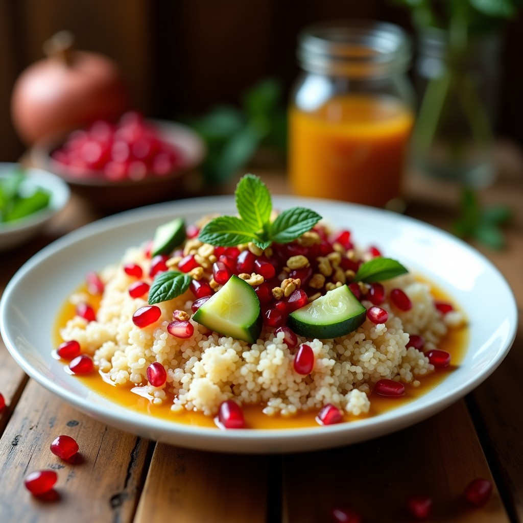 Bowl colorido con quinoa esponjosa, granados rojos brillantes, cebolla morada en juliana, almendras doradas y perejil fresco, bañado en aderezo de tamarindo. Receta persa fresca y sin gluten.