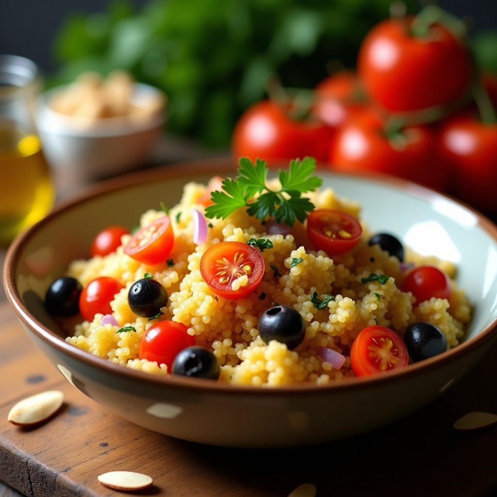 Bowl colorido de quinoa dorada en airfryer con hierbas provenzales, cebolla morada, pimiento rojo, tomates cherry y almendras tostadas.