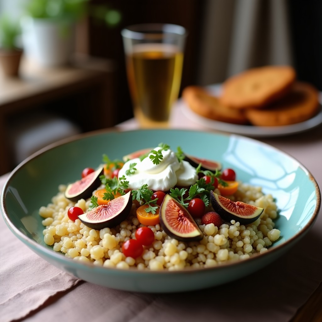 Bowl de quinoa cremosa con capas de rúcula, higos frescos en cuartos, queso de cabra desmenuzado y nueces tostadas, bañado con miel de tomillo y aceite de oliva virgen extra. Plato colorido y apetitoso sobre fondo rústico de madera.