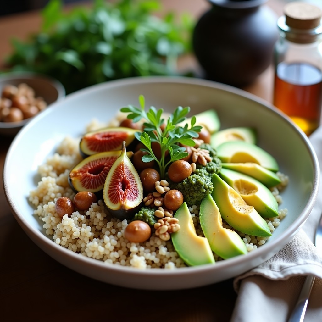Bowl de quinoa blanca esponjosa con higos caramelizados dorados, pesto de rúcula verde vibrante, aguacate en cubos y semillas de girasol tostadas. Plato vegano, alto en proteína y sin gluten, servido en un bol de cerámica blanca sobre fondo rústico.