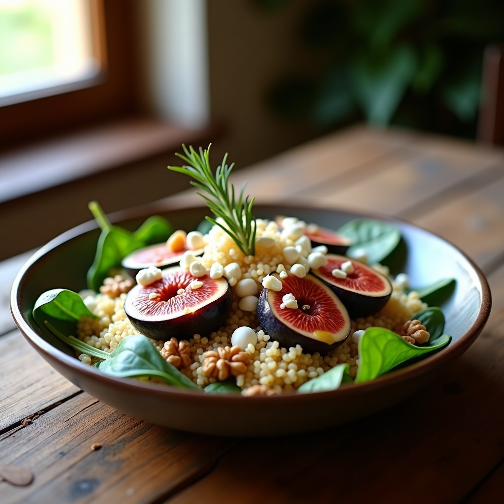 Bowl de quinoa blanca cocida con trozos de higos frescos en cuartos, queso de cabra desmenuzado, espinacas baby, pimiento rojo asado y almendras fileteadas tostadas, bañado en un aderezo dorado de miel y mostaza, sobre fondo rústico de madera con luz natural.