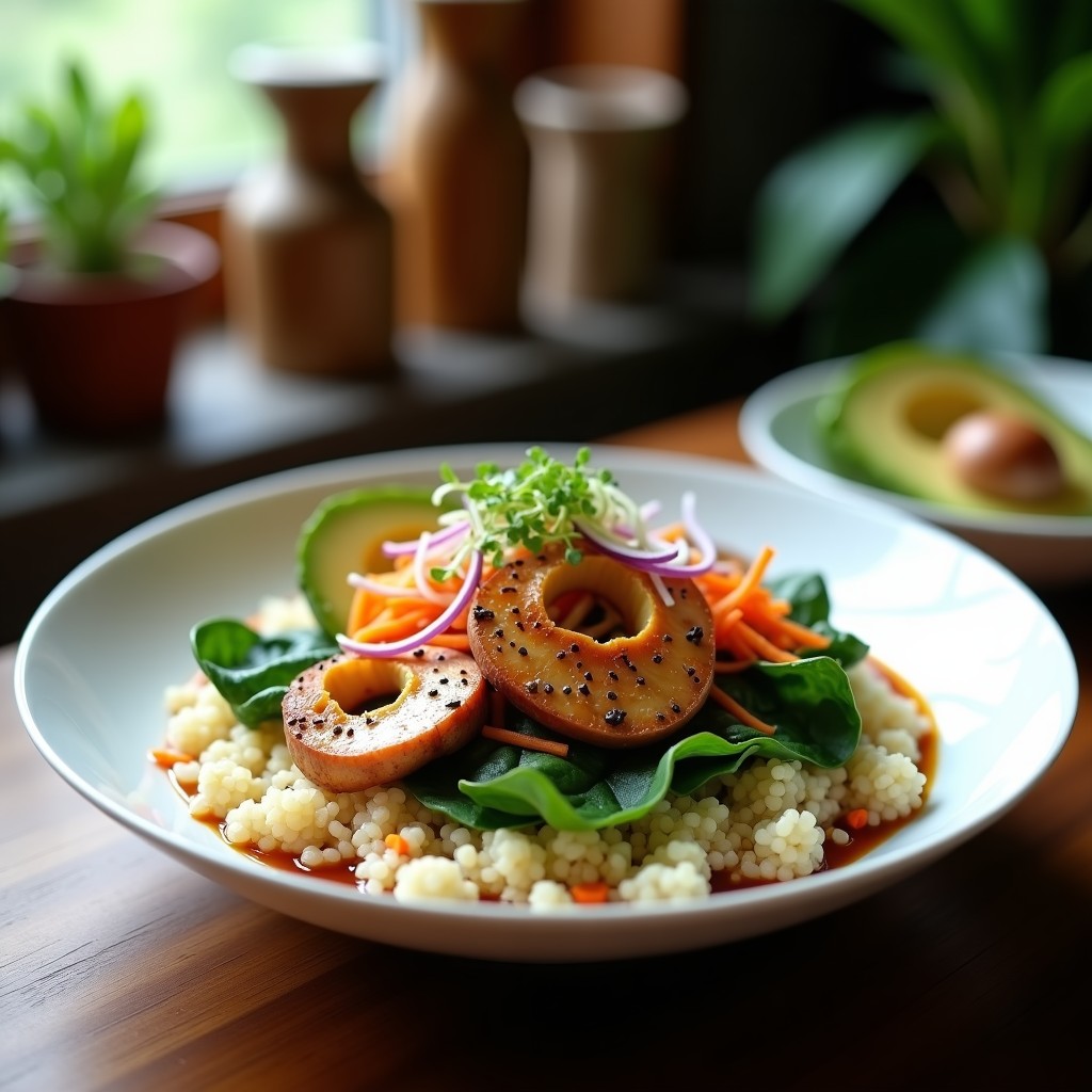 Bowl colorido con quinoa esponjosa, hongo Lion’s Mane dorado salteado, espinacas, zanahoria rallada, aguacate en rodajas y semillas de sésamo negro, servido en un bol de cerámica blanca con brotes de rábano como decoración.