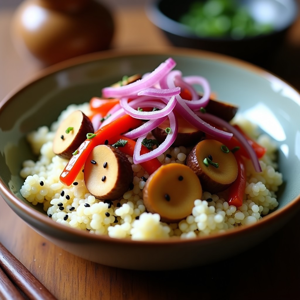 Bowl de quinoa blanca esponjosa con hongos maitake dorados en airfryer, cebolla morada, pimiento rojo y decoración de semillas de sésamo negro y alga nori, receta umami japonesa.