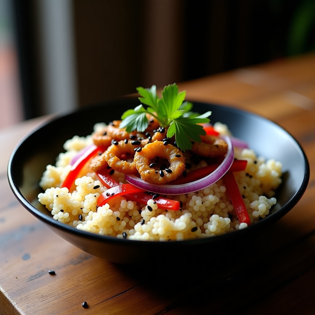 Bowl de cerámica negra con quinoa esponjosa, hongos ostra dorados y crujientes, cebolla morada, pimiento rojo y semillas de sésamo negro, servido con cilantro fresco. Receta de bowl de quinoa y hongo ostra en airfryer.