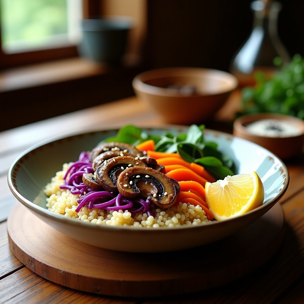 Bowl de quinoa esponjosa con hongo reishi salteado, espinacas, zanahoria rallada y cebolla morada, decorado con semillas de sésamo y limón, receta umami rápida.