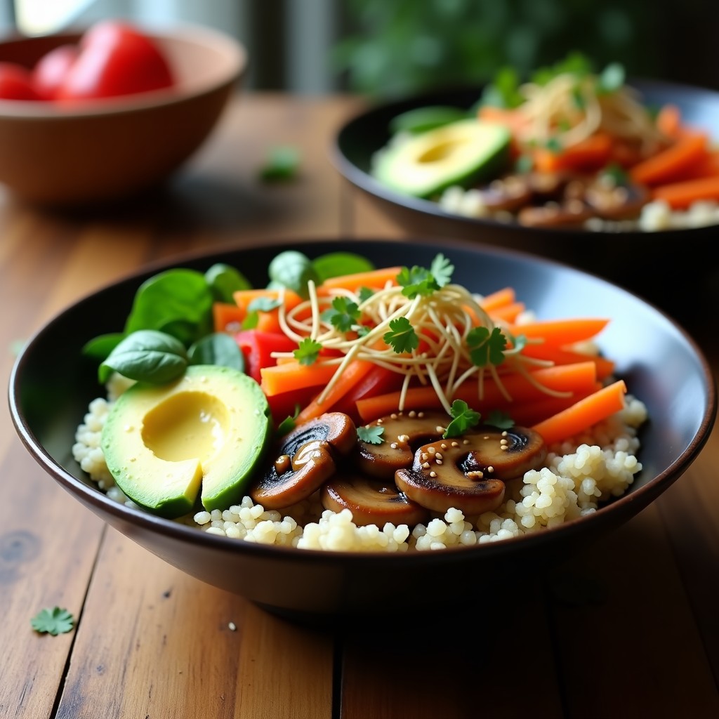 Bowl colorido con quinoa blanca como base, hongos shitake dorados salteados con zanahoria, pimiento rojo y espinacas, decorado con aguacate en cubos, brotes de soja y semillas de sésamo tostadas, bañado en salsa teriyaki brillante. Receta umami vegana y alta en proteína.