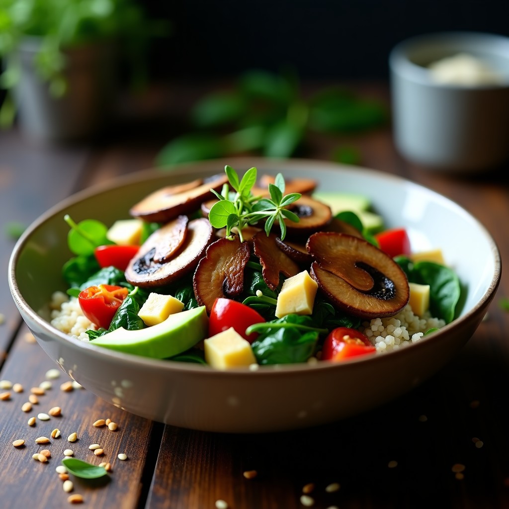 Bowl colorido con quinoa esponjosa, hongos shiitake dorados, espinacas verdes, aguacate en cubos y semillas de sésamo, receta umami rápida y saludable.