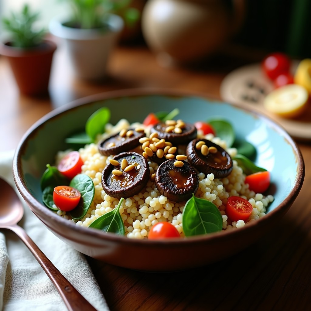 Bowl de quinoa esponjosa con hongos portobello dorados, espinacas verdes, tomates cherry rojos y semillas de calabaza tostadas, bañado con aceite de trufa negra, receta Thermomix.