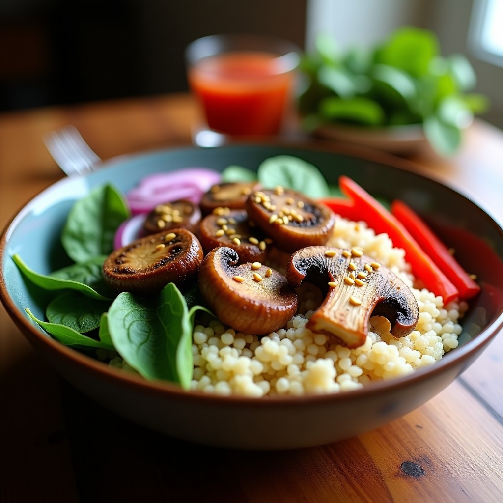 Bowl colorido con quinoa esponjosa, hongos shiitake y portobello dorados en airfryer, espinacas frescas, cebolla morada y pimiento rojo, espolvoreado con semillas de sésamo tostadas, receta de bowl de quinoa y hongos umami.