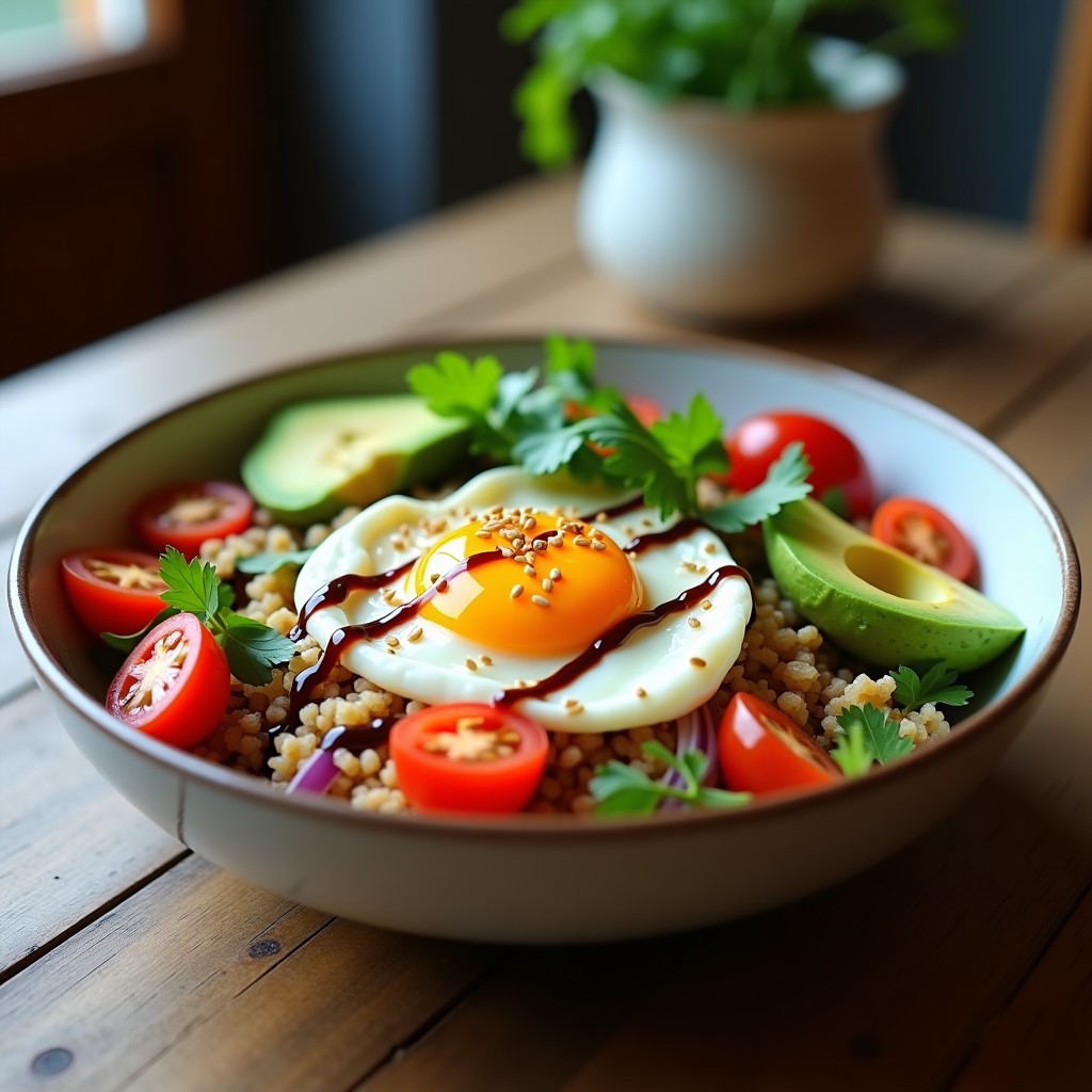 Bowl de Quinoa con Huevo Poché y Salsa Macha: Desayuno Mexicano Alto en Proteína