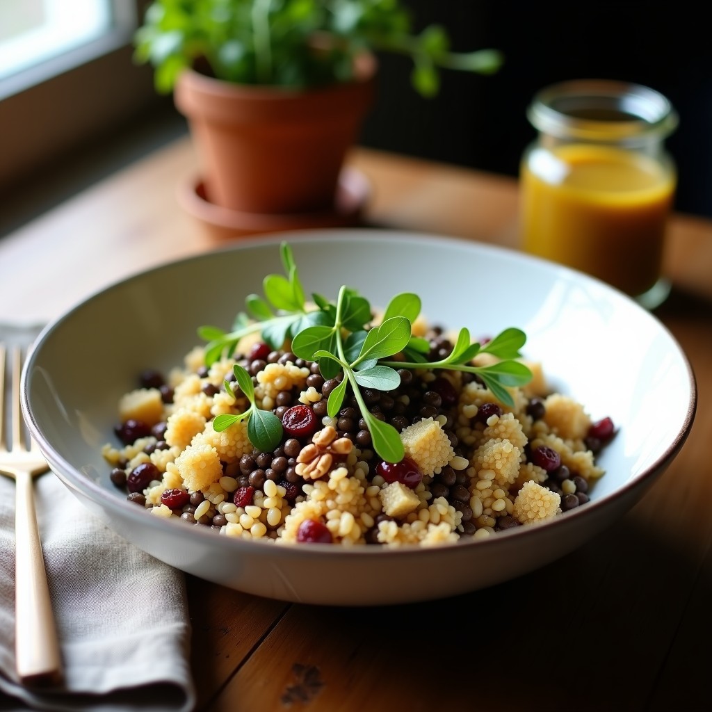 Bowl de cerámica blanca con quinoa esponjosa, lentejas puyendo doradas, juliana de manzana verde, nueces pecanas tostadas y perejil fresco, bañado en vinagreta de mostaza. Plato de desayuno francés alto en hierro sobre fondo de madera clara.