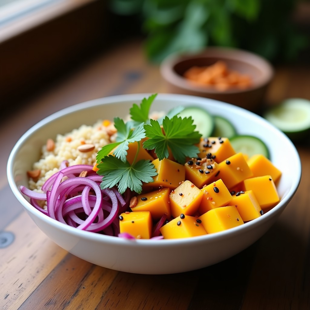 Bowl colorido con quinoa blanca, cubos de mango amarillo, tiras de pimiento amarillo, cebolla morada, anacardos tostados y semillas de sésamo negro, bañado en aderezo oscuro de tamarindo. Decorado con hojas de menta fresca sobre fondo rústico de madera.