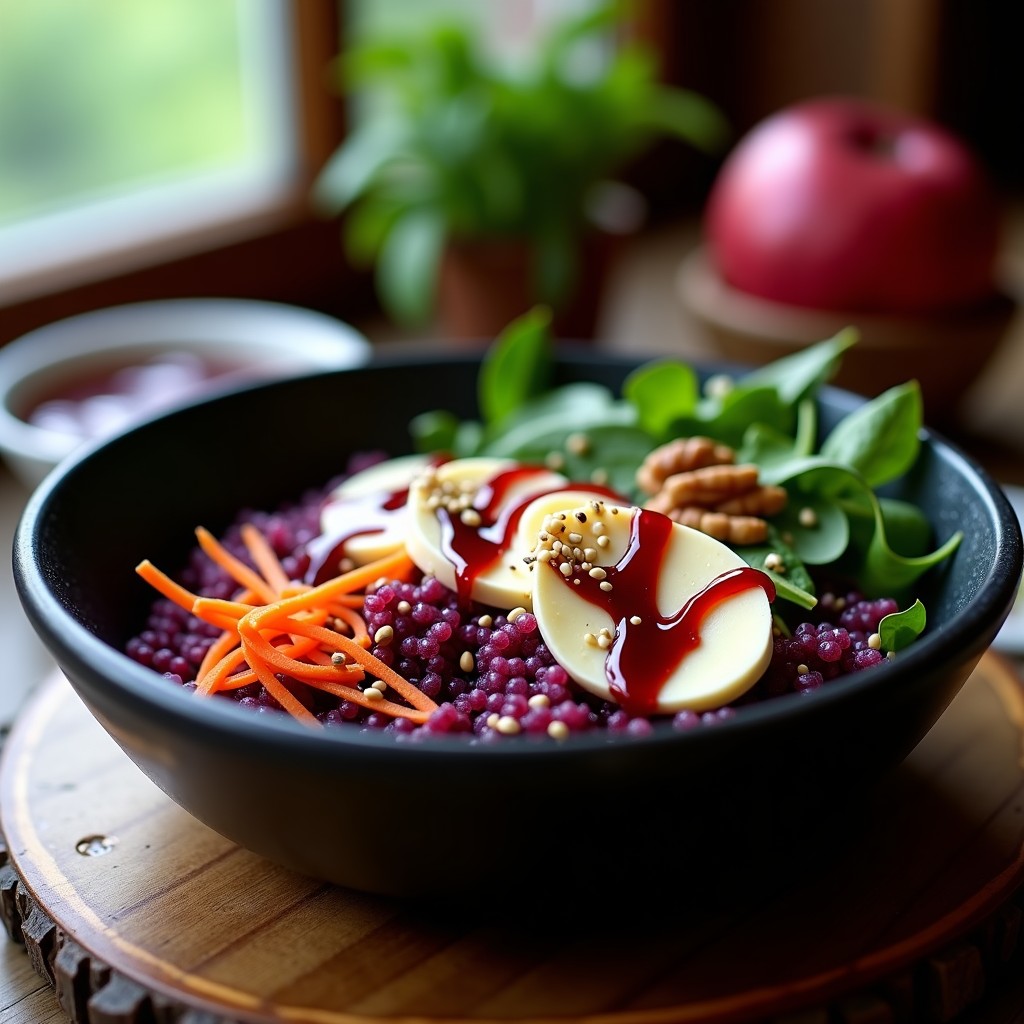 Bowl de quinoa morada con camembert fundido dorado en el centro, reducción de granadina brillante, vegetales salteados y nueces tostadas, servido en plato de cerámica negra con semillas de sésamo negro espolvoreadas.