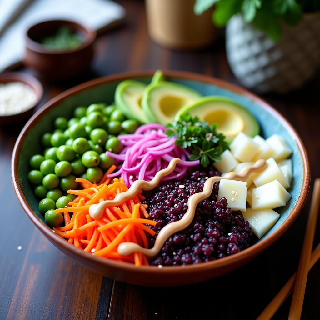 Bowl colorido con quinoa morada como base, edamame verde brillante, zanahoria morada en juliana, pepino japonés, rábanos daikon, aguacate en cubos y cebolla morada. Aderezo cremoso de miso y lima vertido encima, decorado con semillas de sésamo negro, algas nori y cilantro fresco. Plato con fondo de madera rústica y utensilios de cerámica japonesa.