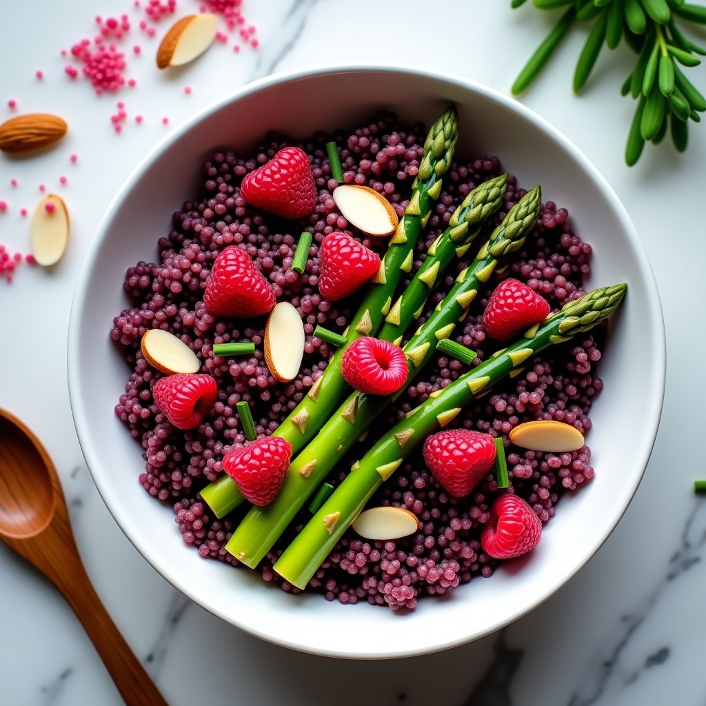 Bowl colorido con quinoa morada, espárragos verdes asados, cebolla morada en juliana, almendras tostadas y semillas de chía, bañado en vinagreta de frambuesa de color rosa intenso. Plato vegano antiinflamatorio servido en un bol blanco rústico sobre fondo de madera.