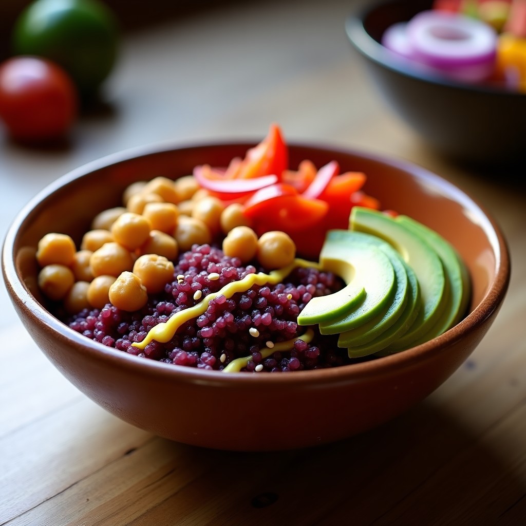Bowl andino con quinoa morada, garbanzos crujientes dorados, aguacate en cubos, pimiento rojo asado y espinacas frescas, bañado en aderezo cremoso de ají amarillo. Plato colorido y nutritivo sobre fondo rústico de madera.