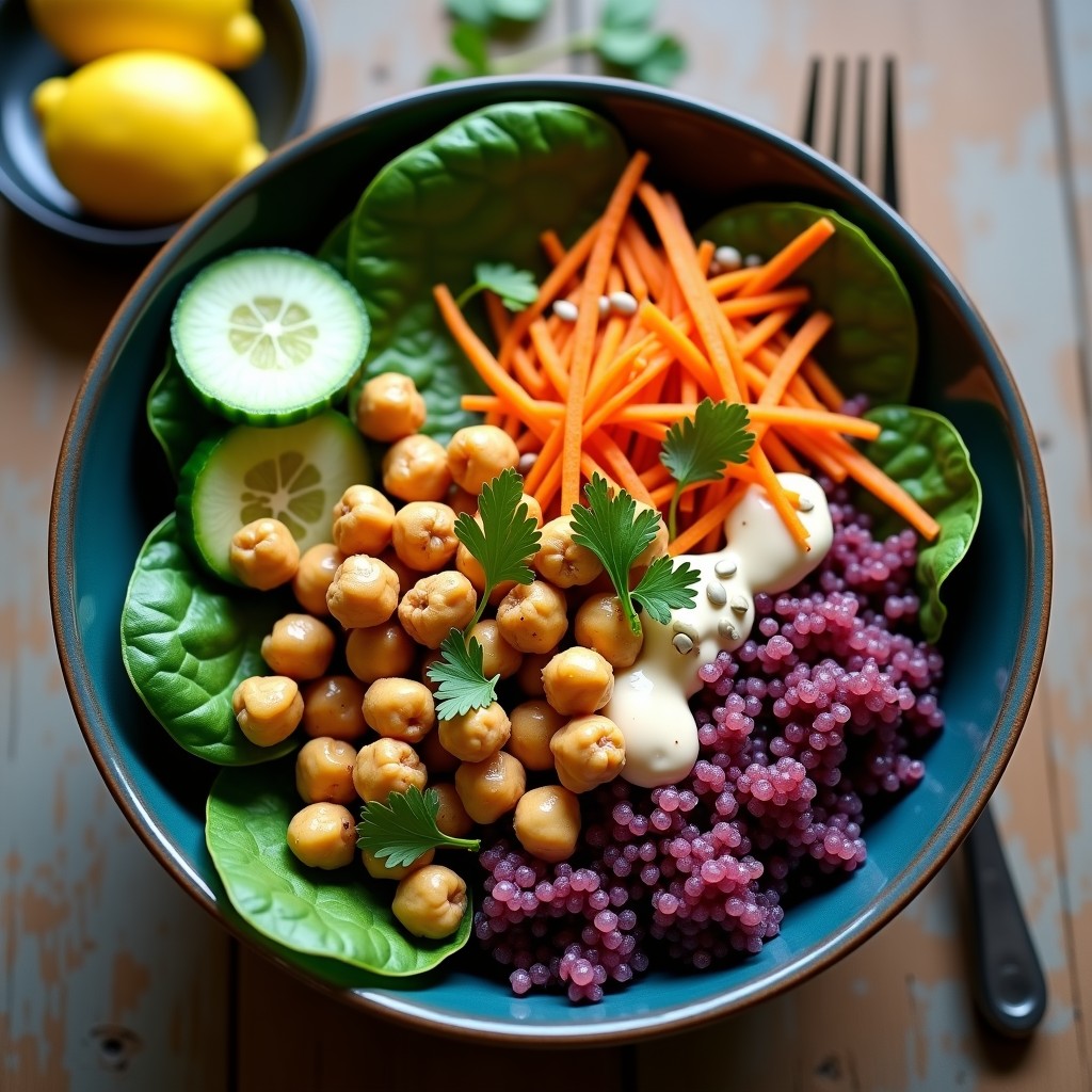 Bowl de Quinoa Morada con Garbanzos Crujientes y Tahini de Limón: Receta Antiinflamatoria