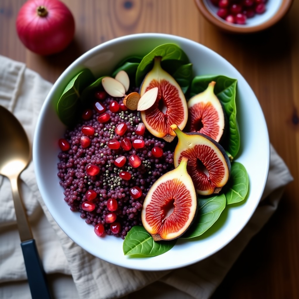 Bowl hondo de cerámica blanca con capas de quinoa morada, espinacas baby, higos asados caramelizados y almendras fileteadas, bañado en vinagreta de granada de color rojo intenso. Decorado con semillas de granada y chía, sobre un fondo de madera rústica.