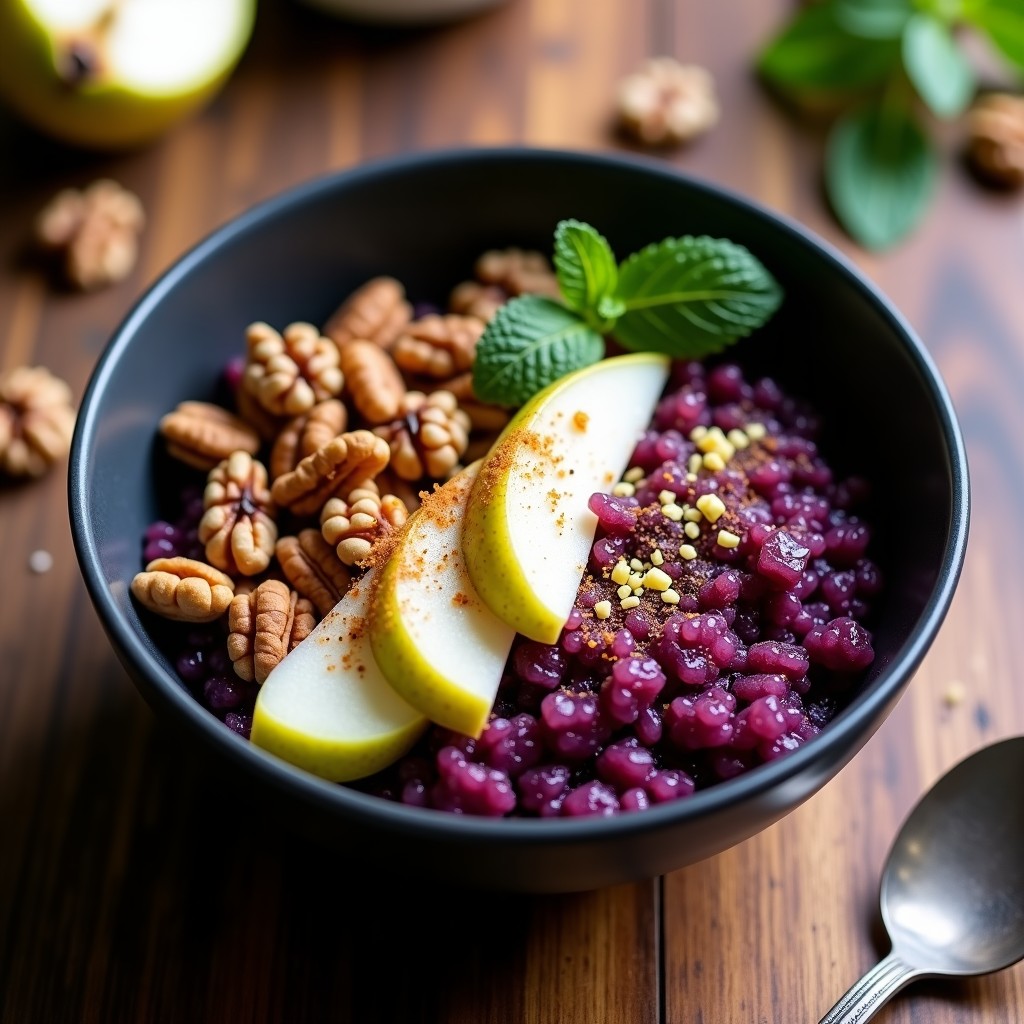Bowl de quinoa morada vibrante con cubos dorados de pear, nueces tostadas y semillas de chía, decorado con hojas de menta y ralladura de limón sobre fondo rústico de madera. Desayuno antioxidante sin gluten.