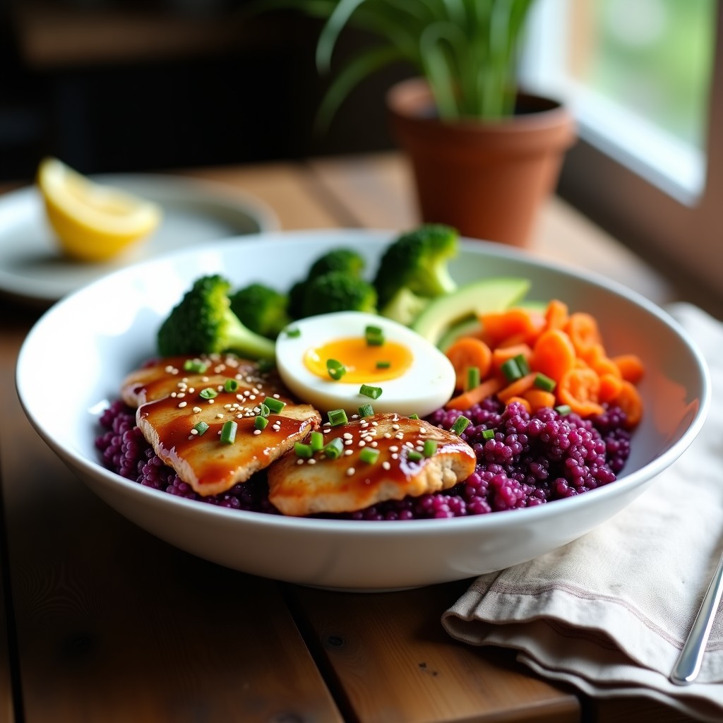 Bowl vibrante de quinoa morada con tiras de pollo teriyaki dorado sin soja, brócoli al dente, zanahoria juliana, pimiento rojo asado y aguacate en cubos, decorado con semillas de sésamo y cilantro fresco. Receta en Airfryer baja en sodio.