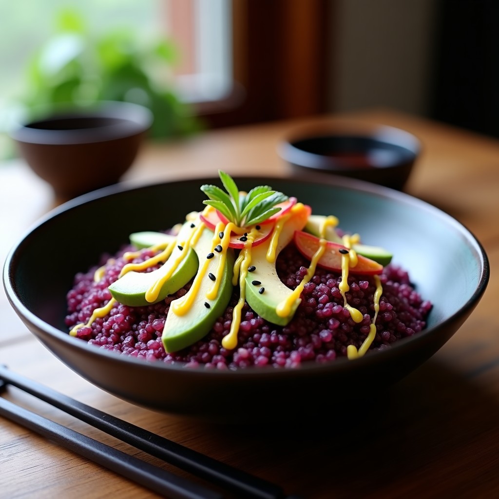 Bowl de quinoa morada con trozos de pulpo asado dorado, aguacate en cubos, semillas de sésamo negro y aderezo amarillo de limón yuzu, servido en un plato de cerámica oscura con palillos japoneses.