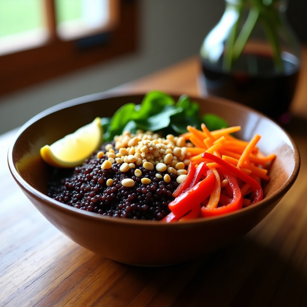 Bowl colorido con quinoa negra como base, verduras salteadas en juliana, cacahuetes tostados picados y semillas de sésamo espolvoreadas, servido con aderezo de salsa de soja y jengibre.