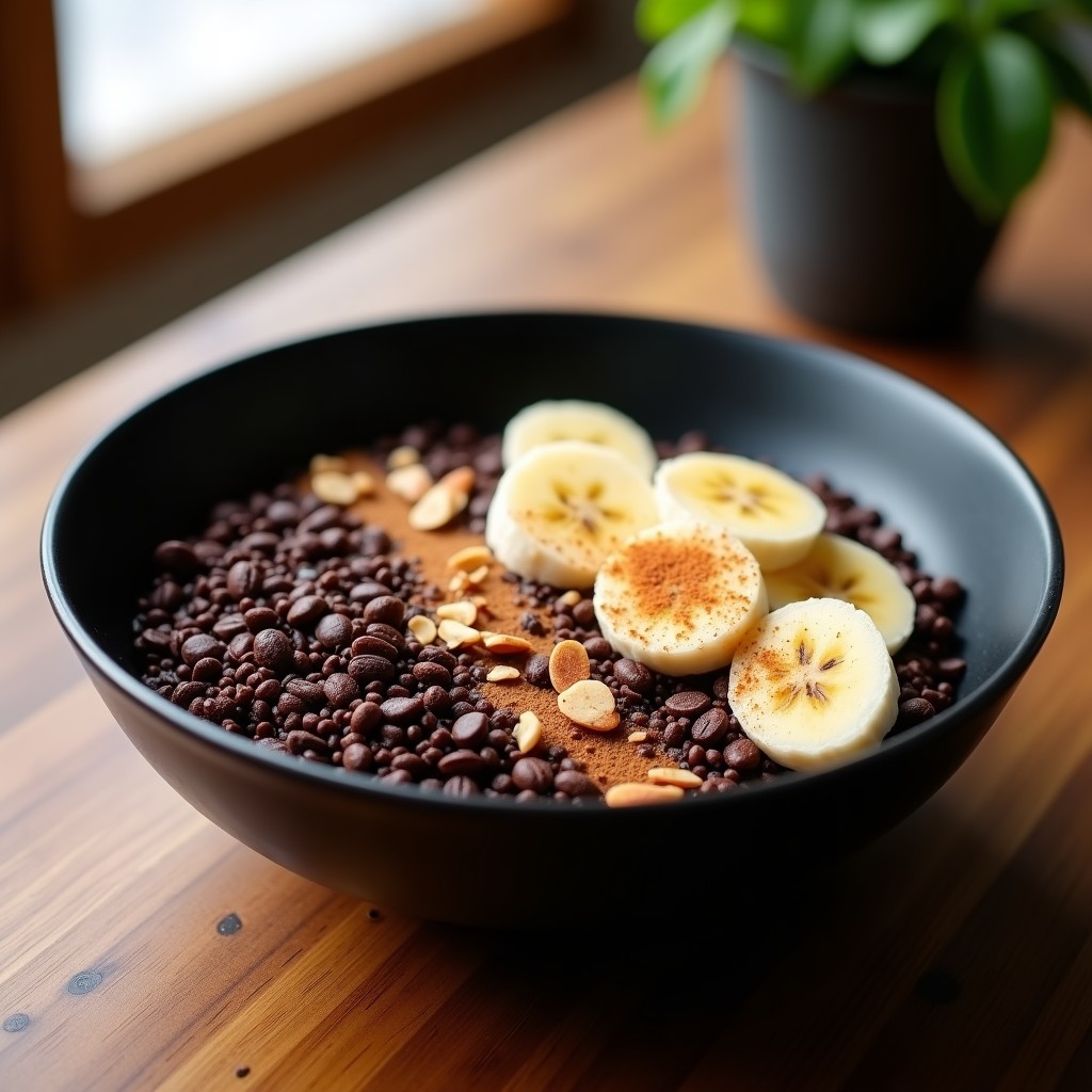 Bowl de desayuno con quinoa negra cocida en leche de almendras, decorado con rodajas de plátano, cacao nibs, almendras fileteadas y semillas de chía, espolvoreado con canela.