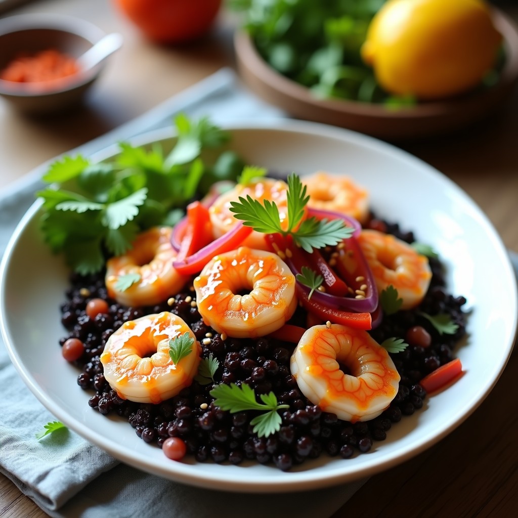 Bowl de quinoa negra con camarones rosados salteados, cebolla morada y pimiento rojo en juliana, bañado con salsa cremosa de mango habanero. Decorado con cilantro fresco y semillas de sésamo sobre fondo blanco.