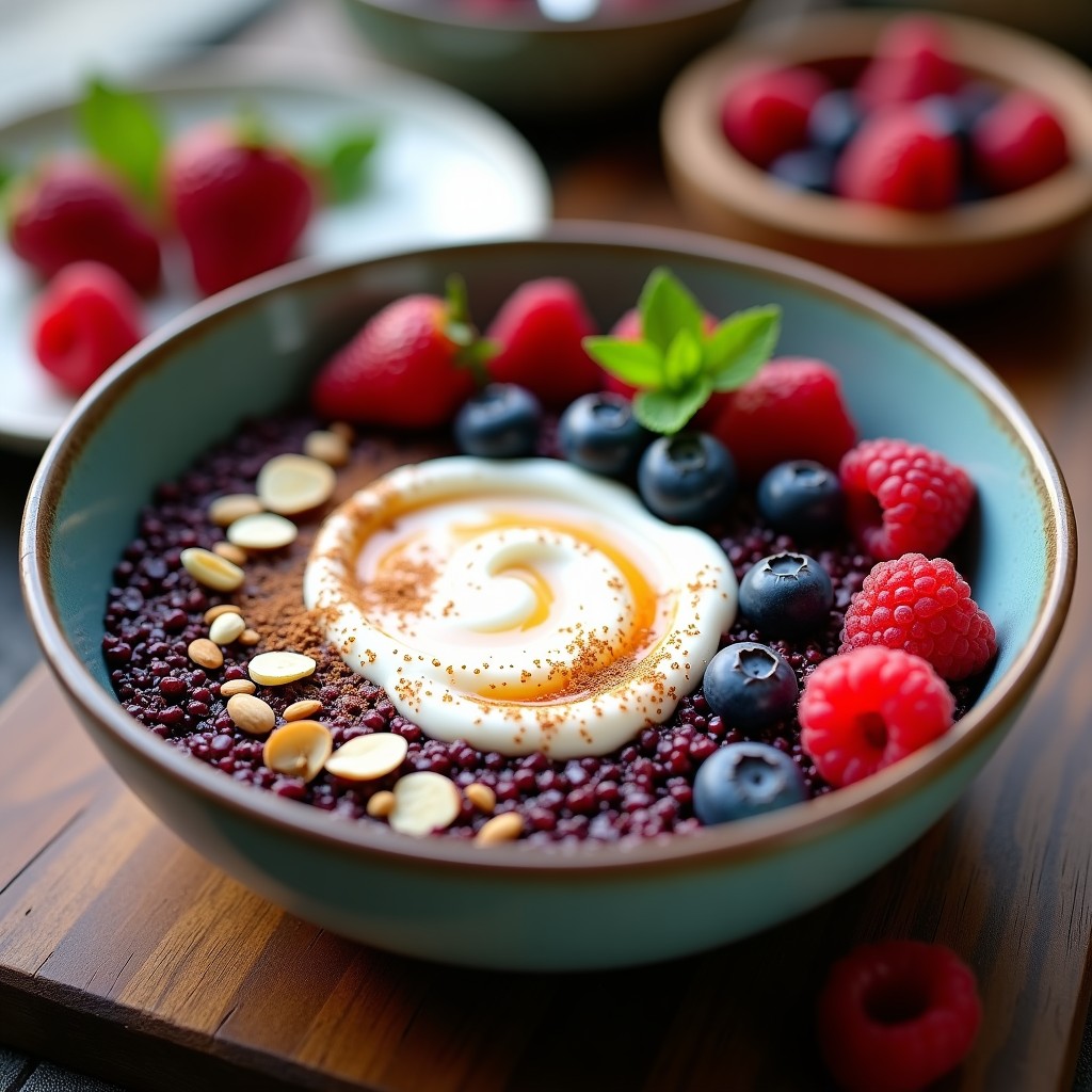 Bowl de Quinoa Negra y Camu Camu: Desayuno Antioxidante con Frutos Rojos